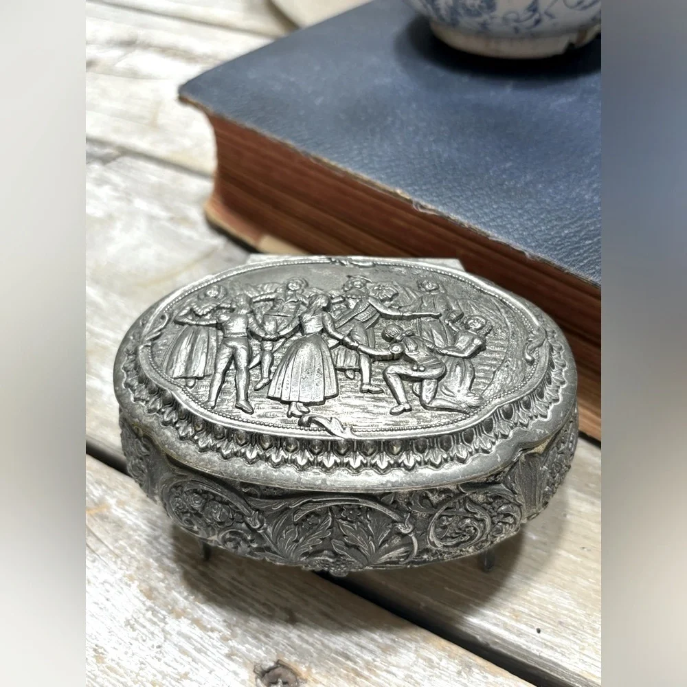 Vintage 70’s Silver Tone Footed Trinket Box (Stamped Japan) Blind Man's Bluff